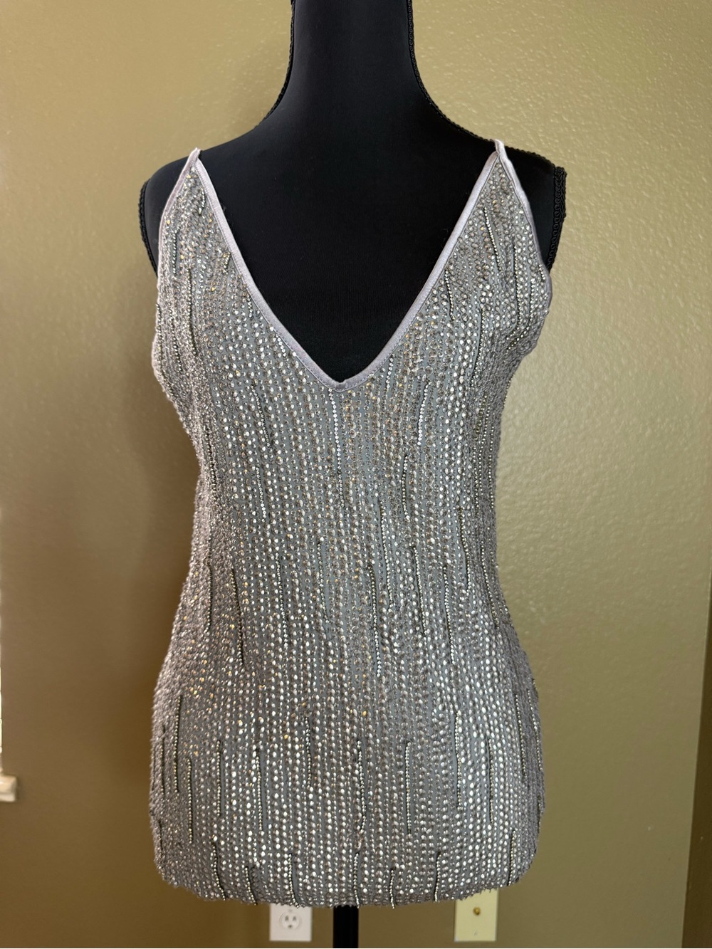NEW Handmade Boutique Tank w Silver Sequins on Stretch V‑Neck Tank Top